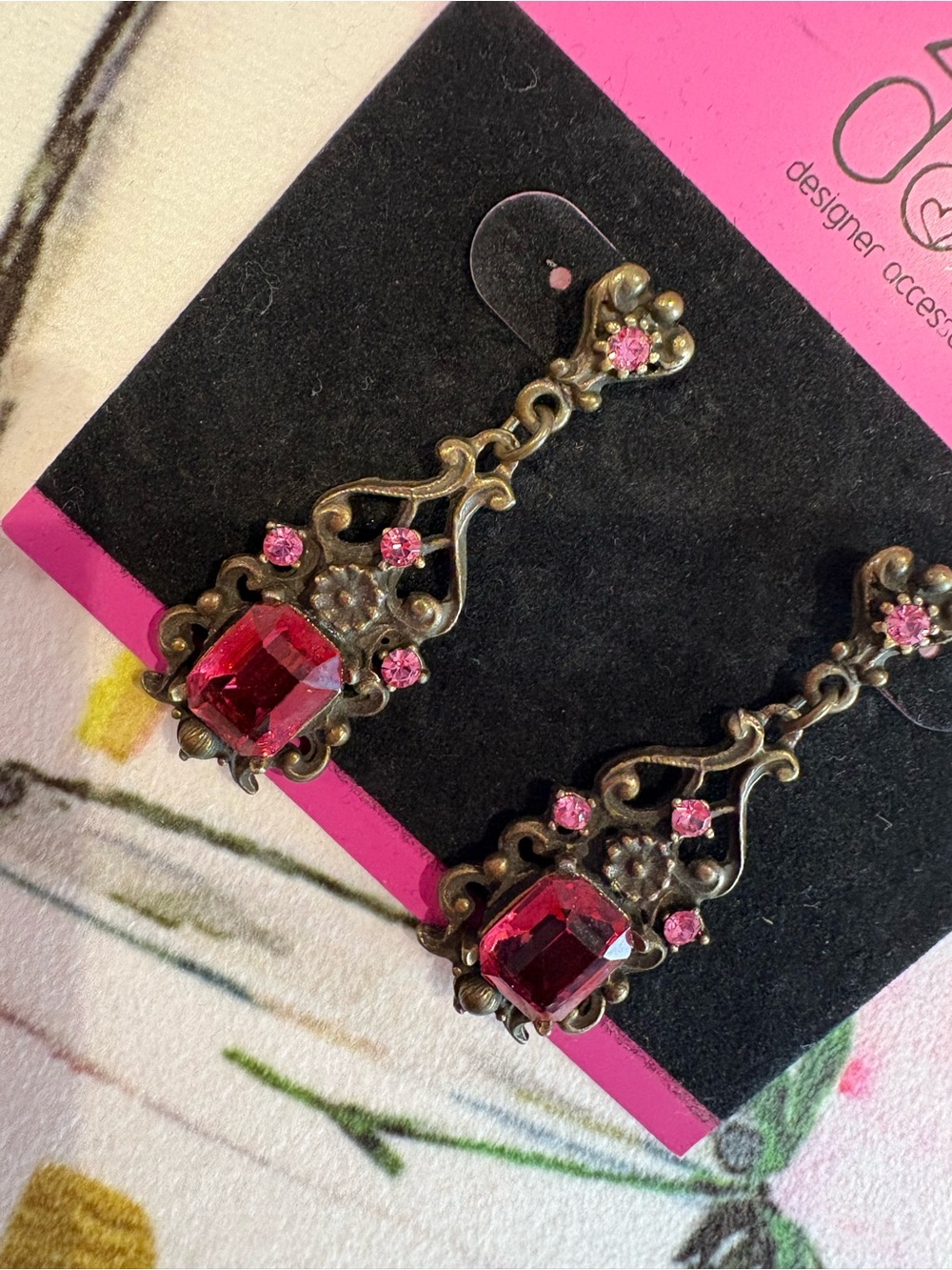 Vintage Banana Bob Red and Pink Crystal Drop Earrings-Boutique